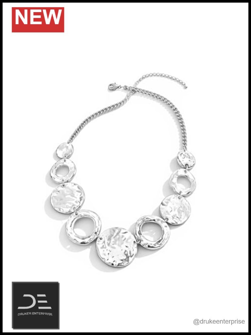 Large Geometric Hammered Circle Bib Pendant Necklace, Zinc Alloy, Adjustable